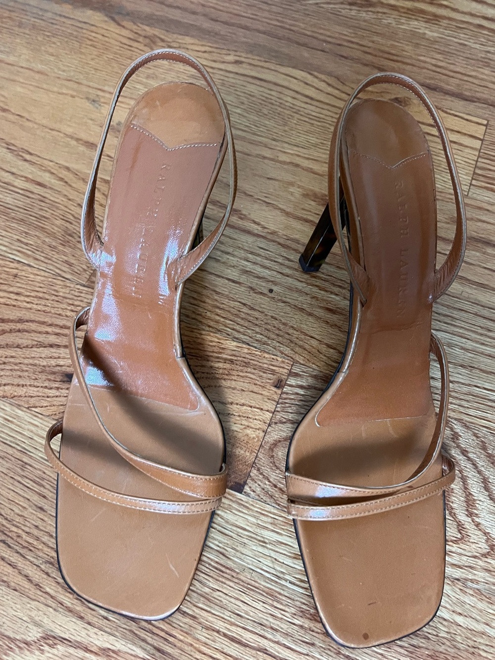 Ralph Lauren Leather Tortoise Heeled Sandals in Tan